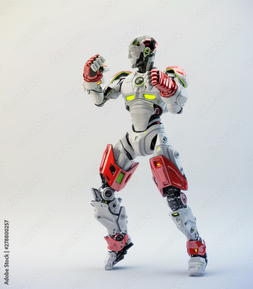 White-red Robot boxer in fighting stance with his hands up, 3d rendering of full body
