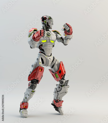 White-red Robot boxer in fighting stance with his hands up, 3d rendering of  full body Stock Illustration | Adobe Stock