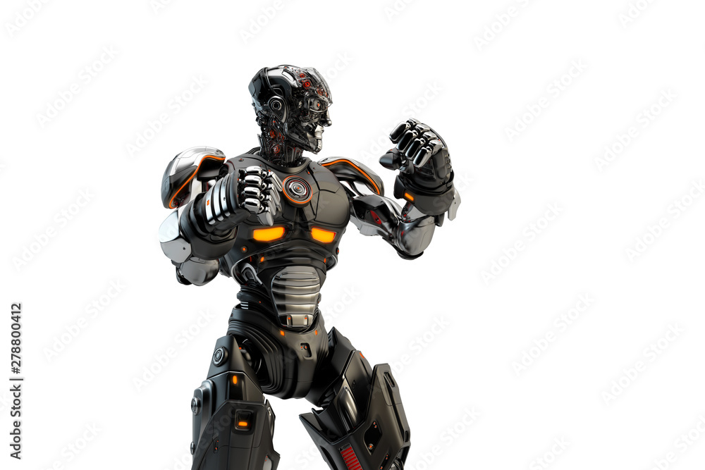 Black robot boxer in rack stand, 3d rendering Black robot boxer in rack stand, 3d rendering