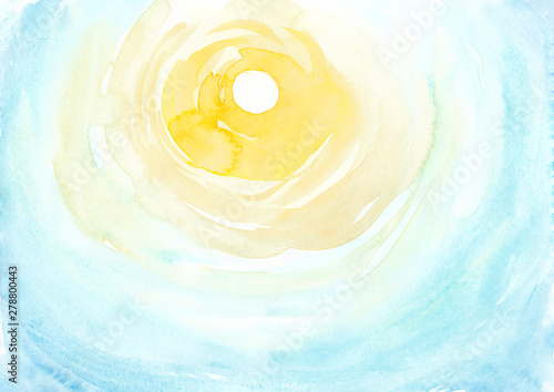 Watercolor blue sky with bright sun background Hand drawn texture