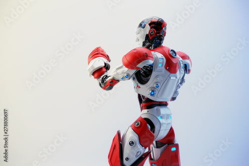 Red-white robot boxer in rack stand, 3d rendering backwards