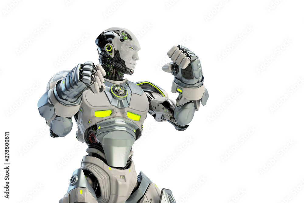 White robot boxer in rack stand, 3d rendering White robot boxer in rack stand, 3d rendering