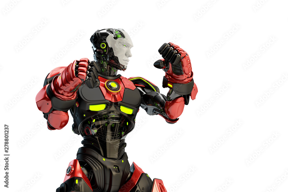 Black-red robot boxer in rack stand, 3d rendering