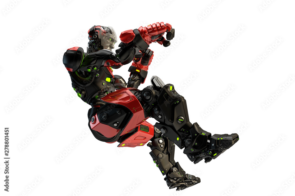 Black-red robot boxer making punch in the air, 3d rendering