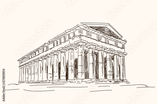 Old ruined ancient greek temple with columns. Quick pencil sketch.