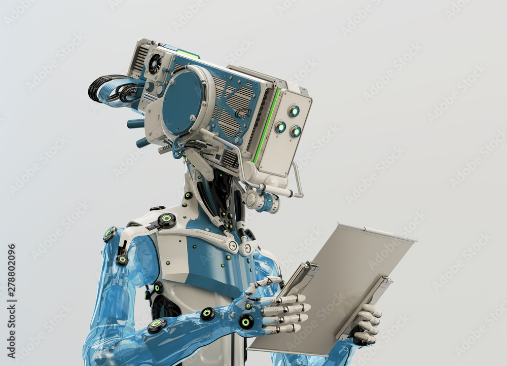 Cyborg working with digital tablet, 3d illustration Cyborg working with digital tablet, 3d illustration