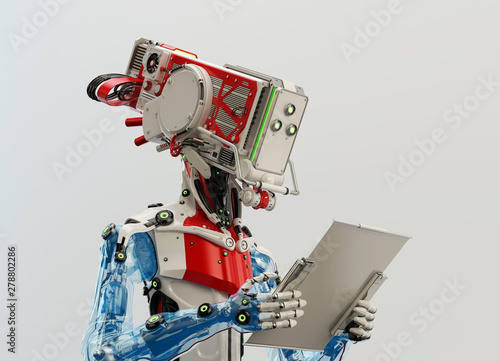 Photography Cyborg working with digital tablet, 3d illustration