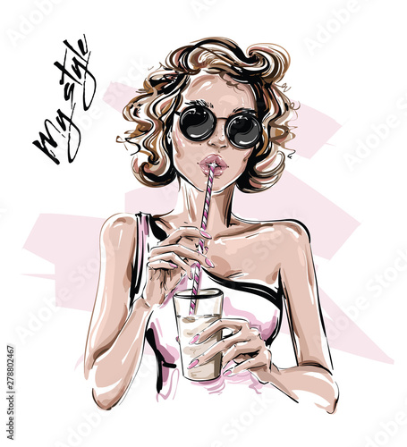 Hand drawn beautiful young woman in sunglasses. Stylish girl holding drink with straw. Fashion woman look. Sketch. Vector illustration.