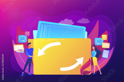 Delegating duties and responsibilities to colleagues. Job sharing, alternative work schedule, collaborative employment, division of a job concept. Bright vibrant violet vector isolated illustration