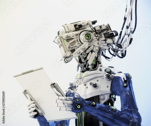 Robotic AI character connected with bunches of cables and working with sci-fi tablet, 3d illustration