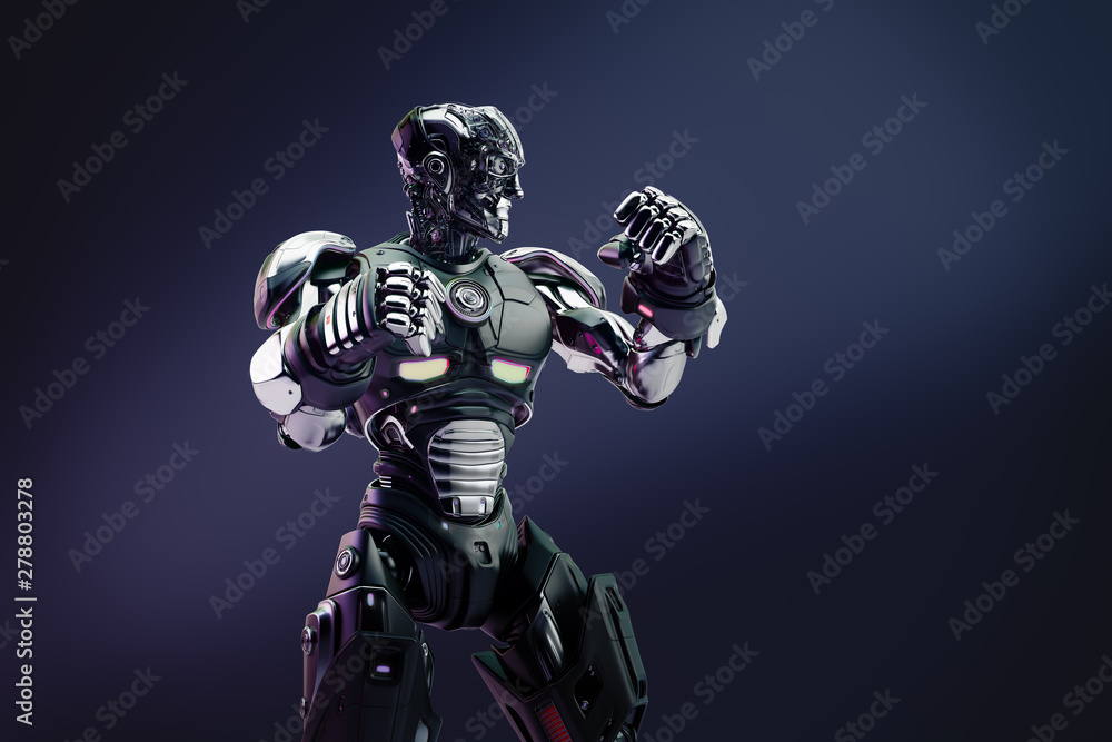 Strong robot boxer standing in the rack, 3d rendering on dark background 