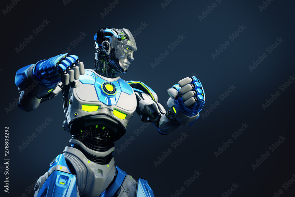 Strong robot boxer standing in the rack, 3d rendering on dark background 
