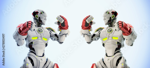 Two robotic boxers boxing, 3d rendering on light background