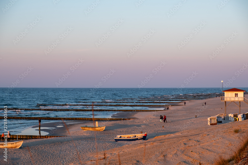 The beach of Zempin on the island of Usedom in the Baltic Sea at sunset..