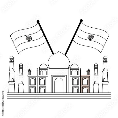 taj mahal indian mosque with flags crossed
