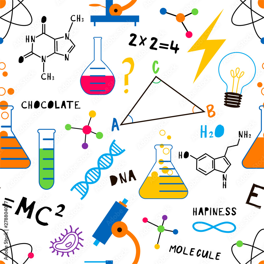 Science lesson flat vector seamless pattern. Chemistry, Biology, Physics  school subject background. Flasks with chemicals, formula backdrop.  Wallpaper, wrapping paper, textile cartoon minimal design Stock Vector |  Adobe Stock
