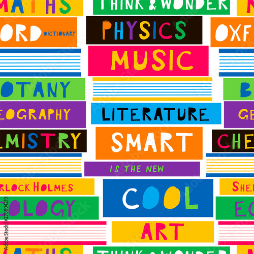 School textbook flat vector seamless pattern. Chemistry, Literature, Physics, Music, Art subjects books background. Education and learning backdrop. Wallpaper, wrapping paper, textile cartoon design