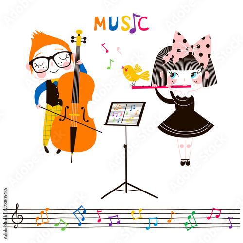 Children at music lesson flat vector illustration. Cute little girl playing flute cartoon character. Classic music kids live concert drawing. Double bass player, boy wearing glasses design element