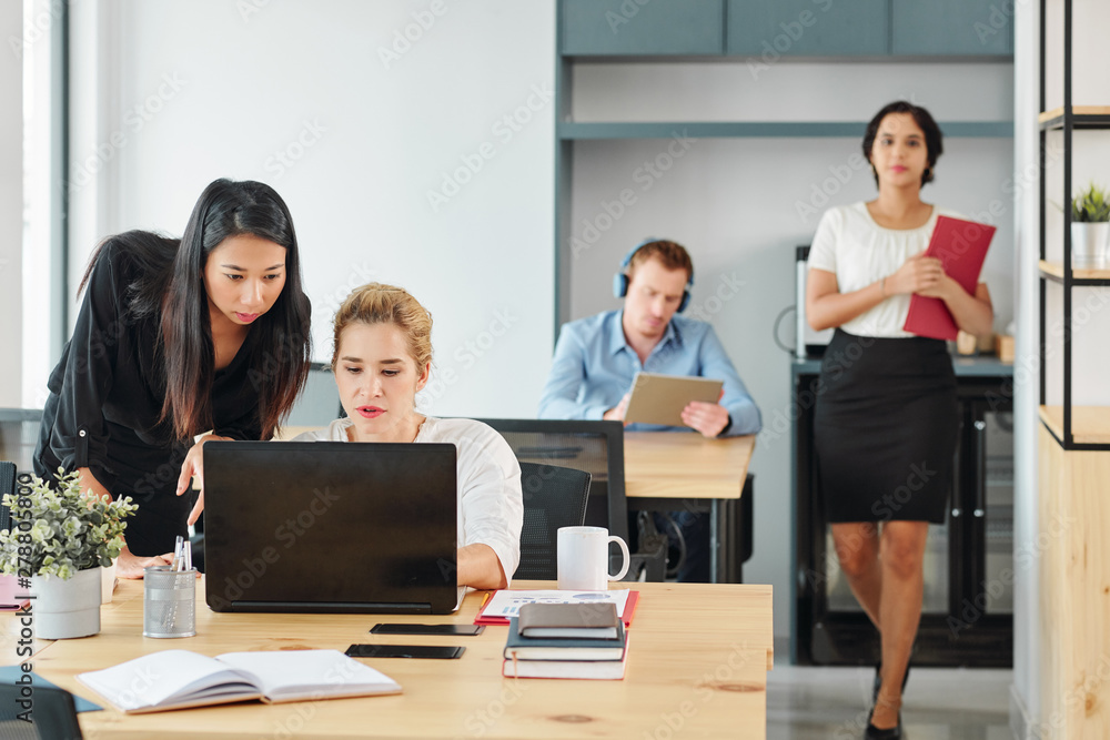 Group of young business people sitting at their workplaces and working with laptop computers with young businesswoman walking along the office corridor Group of young business people sitting at their workplaces and working with laptop computers with young businesswoman walking along the office corridor
