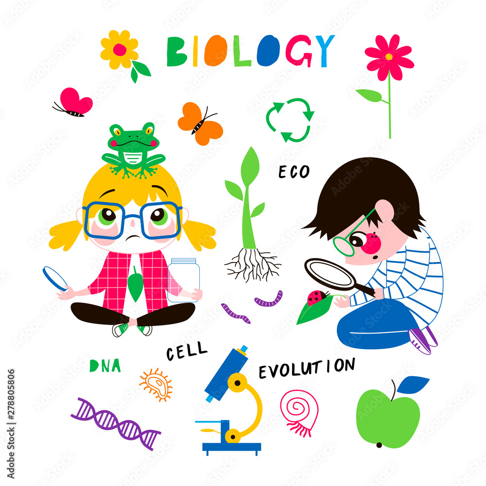Children at biology lesson flat vector illustrations set. Cute schoolkids exploring nature, researching cartoon characters. DNA spiral, growing plant isolated design elements collection Stock Vector | Adobe Stock Children at biology lesson flat vector illustrations set. Cute schoolkids exploring nature, researching cartoon characters. DNA spiral, growing plant isolated design elements collection Stock Vector | Adobe Stock