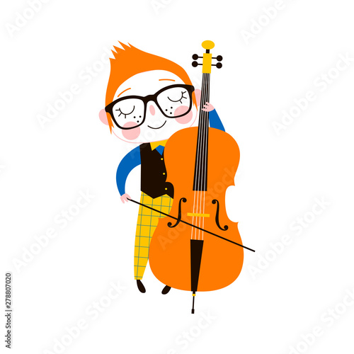 Young double bass player flat vector illustration. Talented creative kid in glasses playing musical instrument isolated cartoon character on white background. Schoolboy hobby drawing