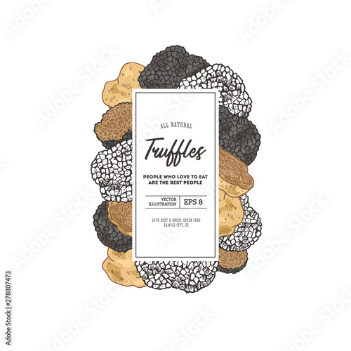 Truffle mushroom vertical design template. Packaging composition. Vector illustration