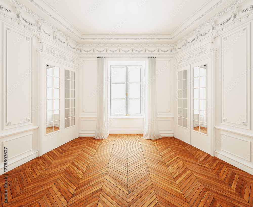 Classic wall interior and modern frame with parquet, empty room, 3d rendering - obrazy, fototapety, plakaty 