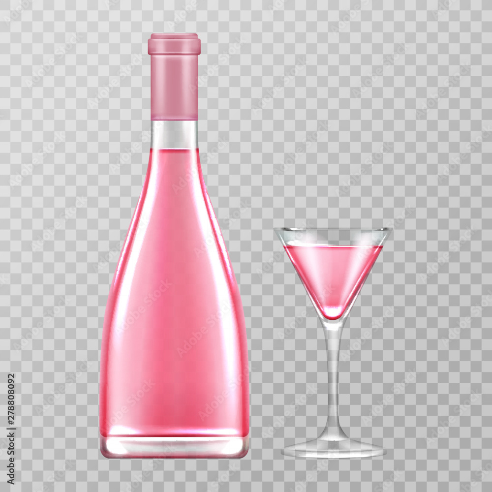 Φωτογραφία Pink champagne bottle and glass, rose bubbly wine isolated on transparent background, blank flask of alcohol drink, design element for beverage advertising