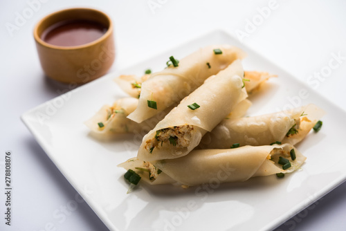 Paneer chilli cigar are crispy rolls stuffed with paneer which is an interesting starter for any party. served with tomato ketchup. selective focus