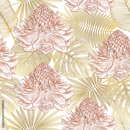 Seamless pattern with tropical leaf palm and flowers Ginger. Vector illustration.