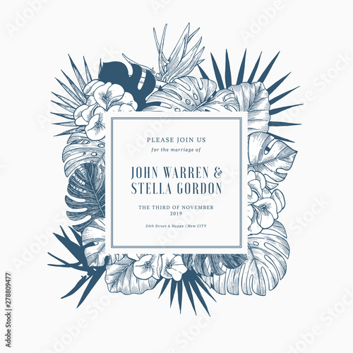 Elegant wedding invitation with exotic flowers and leaves. Card design template. Vector illustration
