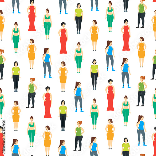 Cartoon Characters Smiling Plus Size Woman Seamless Pattern Background. Vector
