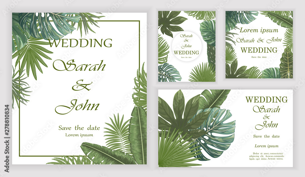 Fototapeta Set Wedding invitation with leaves, watercolor, isolated on white. Vector Watercolour.
