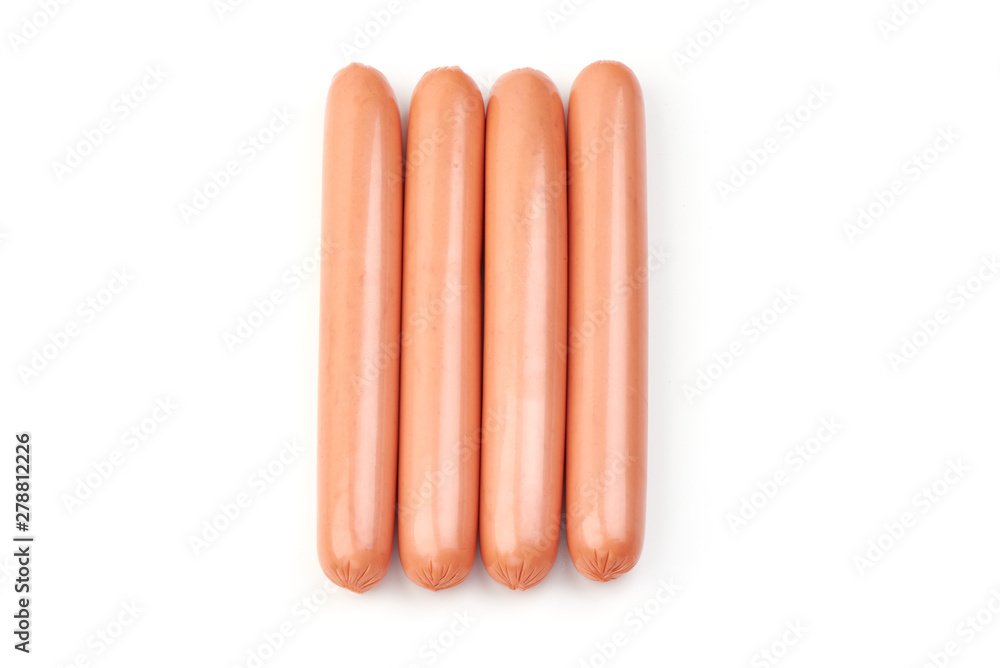 Fresh boiled sausages, top view, isolated on white background Fresh boiled sausages, top view, isolated on white background