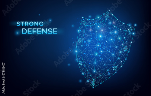 Blue lowpoly Security system Shield. Strong defense sign. Data protection, company security service, antivirus program, symbol of reliable protection against hacker attacks. Vector Shield illustration