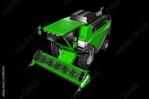 industrial 3D illustration of big beautiful green grain agricultural combine harvester top view isolated on black