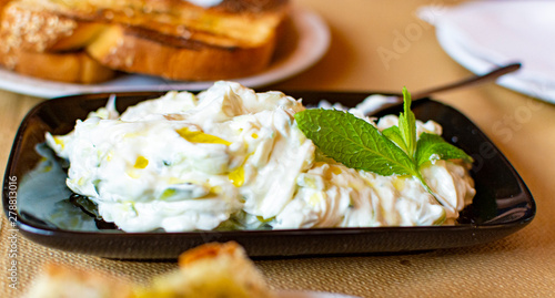 Tzatziki, dip or sauce from Southeast Europe and Middle East made of salted strained yogurt mixed with cucumbers, garlic, salt, olive oil, vinegar or lemon juice, and dill, mint, parsley and thyme. photo