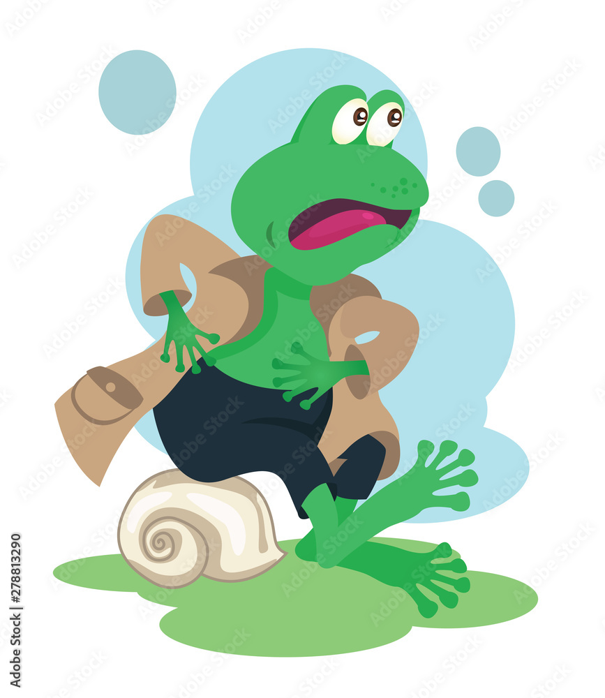 Happy Detective Frog Mascot in brown suit and dark blue pants. Cartoon style vector illustration. Can be used in any topics for kids