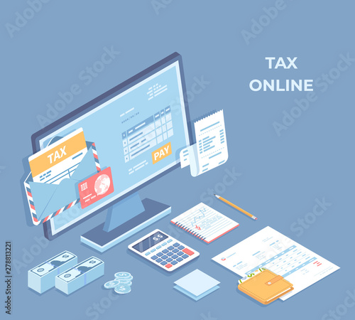 Online tax payment, mobile app. Tax form in envelope, account on the monitor screen, document form, credit card, calculator, wallet, stack of money, coins, bill on the table. Isometric 3d vector 