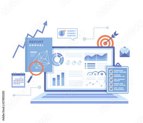 Financial Report. Accounting, analysis, audit, research, results. Laptop with graphs and charts on the screen, clipboard, report, target, calendar, magnifier. Vector illustration on white background.