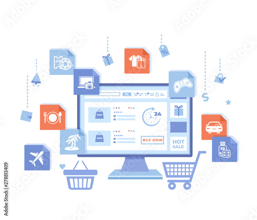 Online Store Shop. Internet virtual shopping, e-commerce, digital marketing. Monitor with webstore on the screen, cart, basket, product shopping icons. Vector illustration on white background.