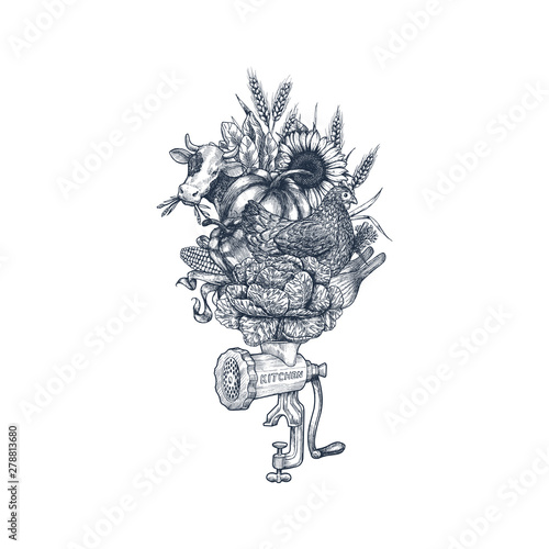 Organic farm food vintage composition. Handsketched vintage vegetables and meat grinder. Line art illustration. Vector illustration