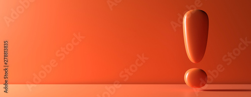 Exclamation mark on orange color wall background. 3d illustration