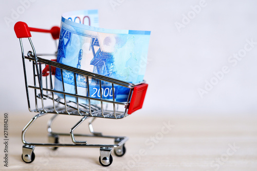 Russian money banknotes in a shopping trolley, online shopping concept.