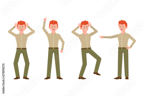Angry, stressed, desperate red hair young man in green pants vector illustration. Shouting, pointing finger, screaming boy cartoon character set on white background