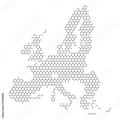 European Union map from abstract futuristic hexagonal shapes, lines, points black, in the form of honeycomb or molecular structure. Vector illustration.