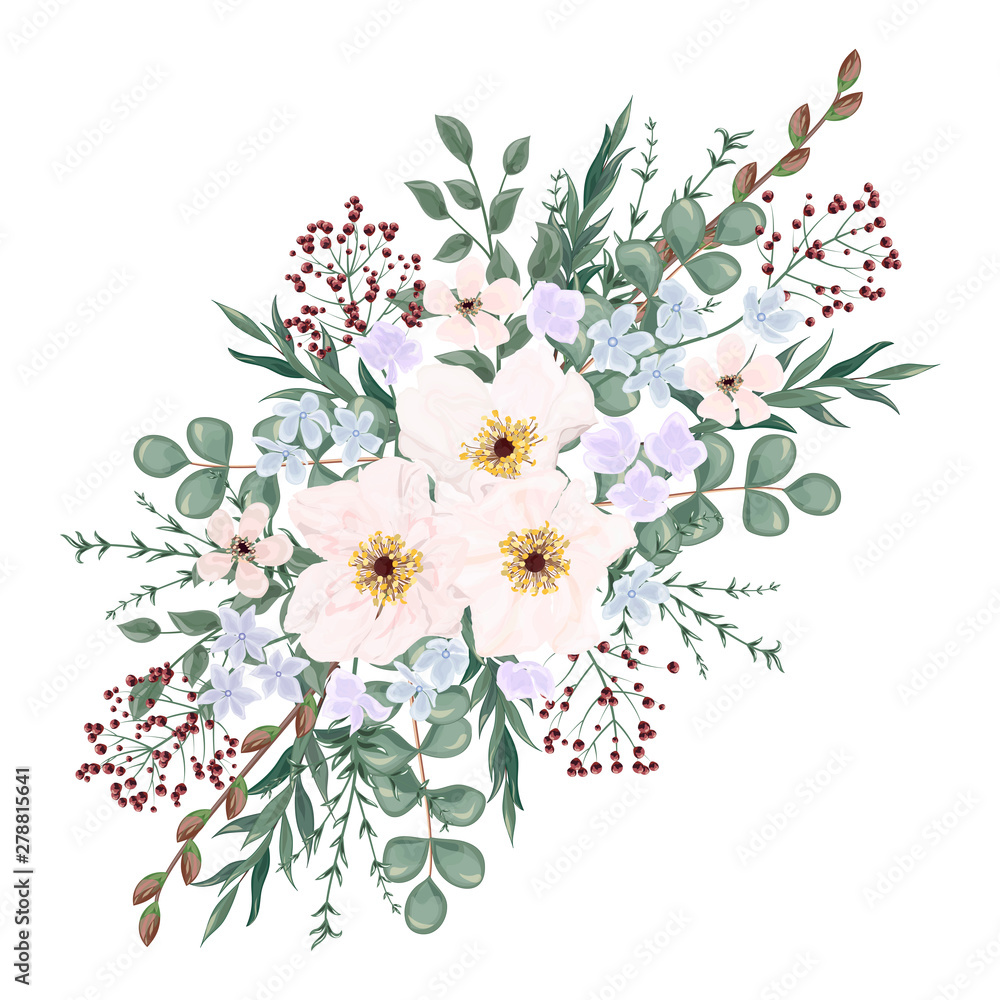 Bouquet with leaves and flowers, watercolor, isolated on white. Vector Watercolour.