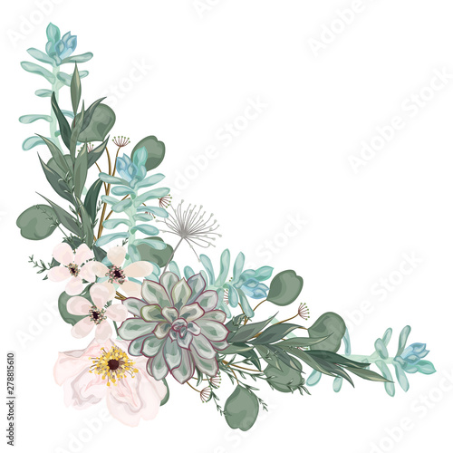 Bouquet with leaves and flowers, watercolor, isolated on white. Vector Watercolour.