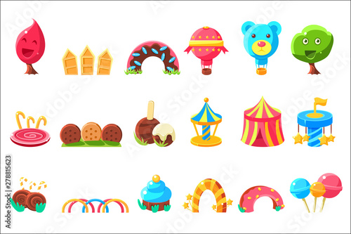 Amusement Park Elements Made Of Sweets Set Of Isolated Bright Color Childish Cartoon Style Illustrations.