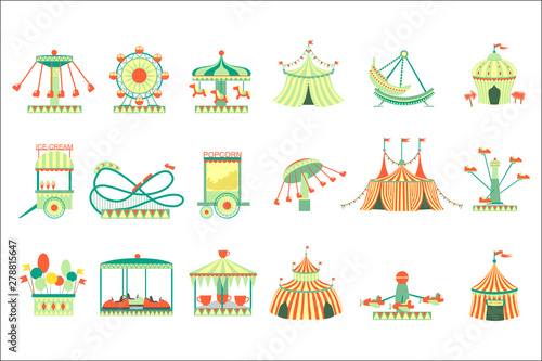 Amusement Park Elements Set Of Cartoon Style Flat Vector Illustrations Isolated On White Background.